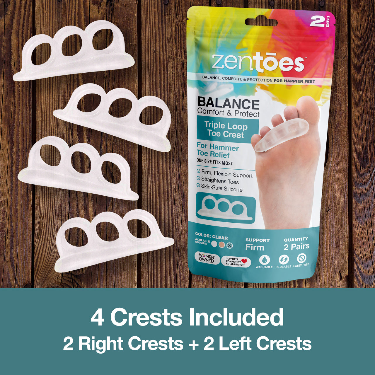 NEW! FIRM GEL Triple Loop Hammer Toe Straightener Crest - Clear - ZenToes