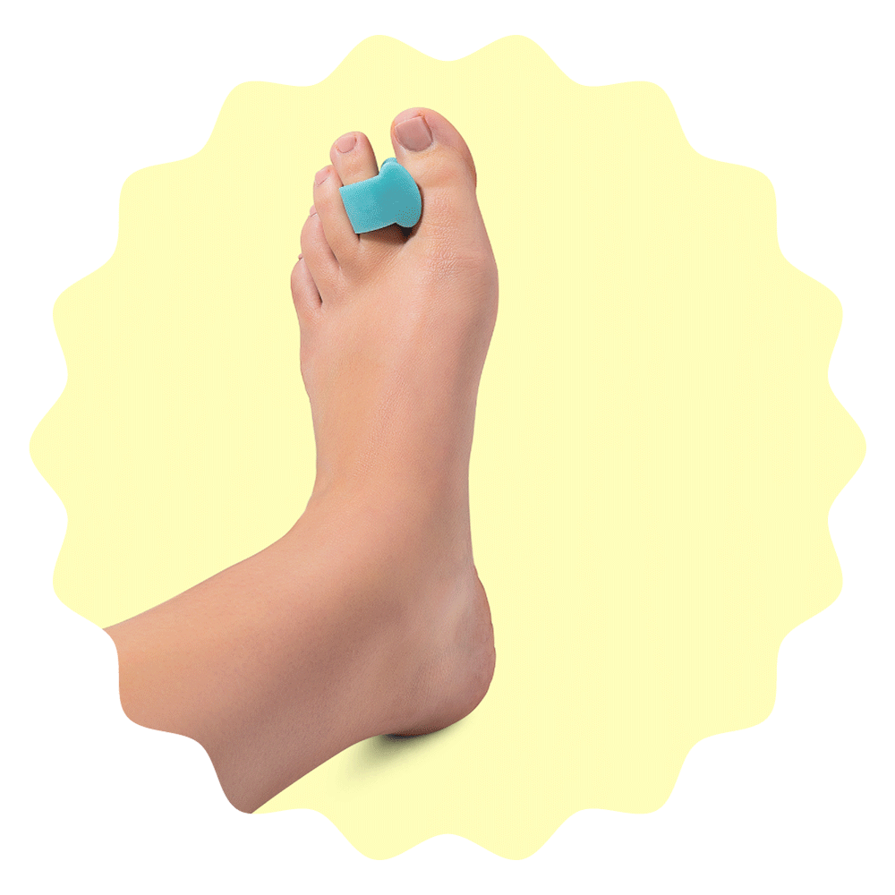 Home Page: animation of a foot moving around with a single loop toe spacer on their toe