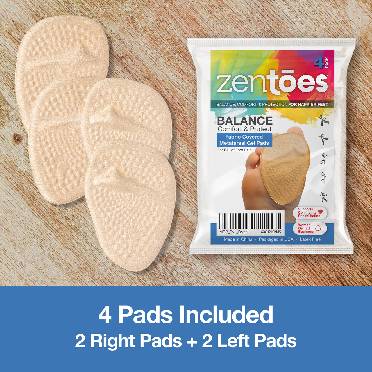 Metatarsal Pads Cloth Covered Gel Ball of Foot Shoe Inserts 4 Pack - ZenToes